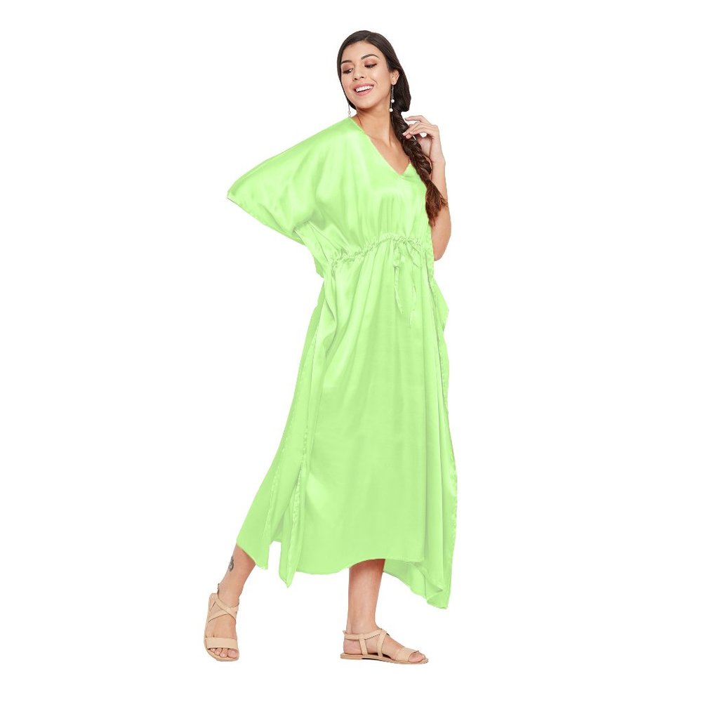 Riara Womens Fashion Satin Long Kaftan Gown Green Nighty with Sleeve Night Dress - Picture 2 of 6